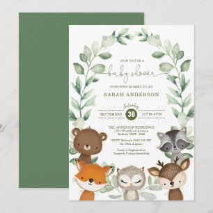 Elegant Greenery Woodland Animals Baby Shower Invitation