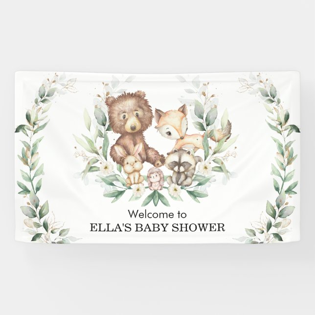 Elegant Greenery Woodland Animals Baby Welcome Banner (Horizontal)