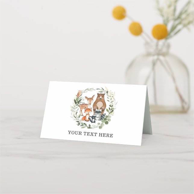 Elegant Greenery Woodland Baby Animals Birthday Place Card (Front)
