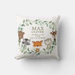 Elegant Greenery Woodland Birth Stats Boy Nursery Cushion