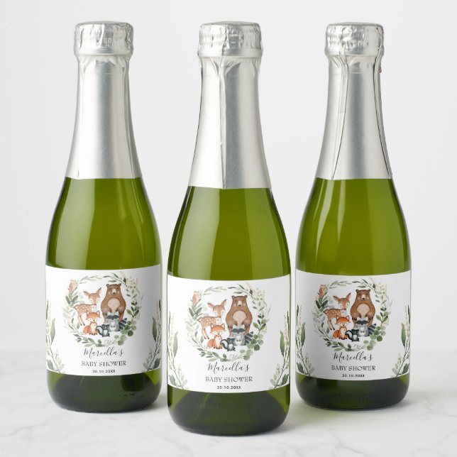 Elegant Greenery Woodland Forest Baby Animals Sparkling Wine Label (Bottles)