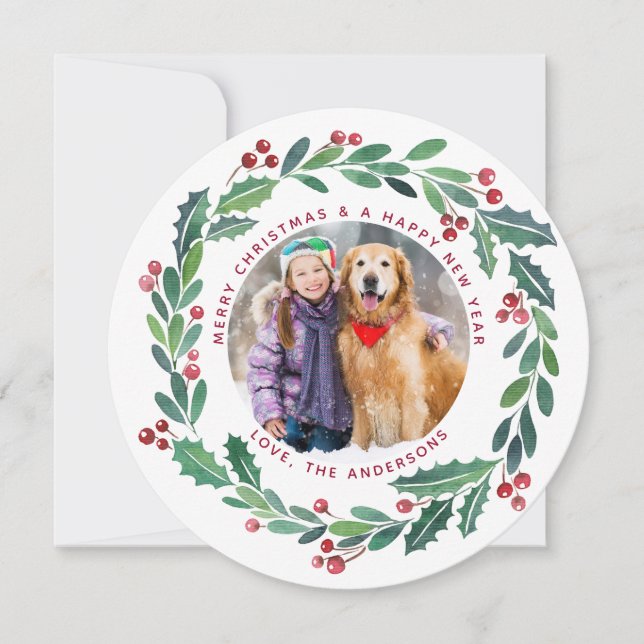 Elegant Greenery Wreath Christmas Photo Round Holiday Card (Front)