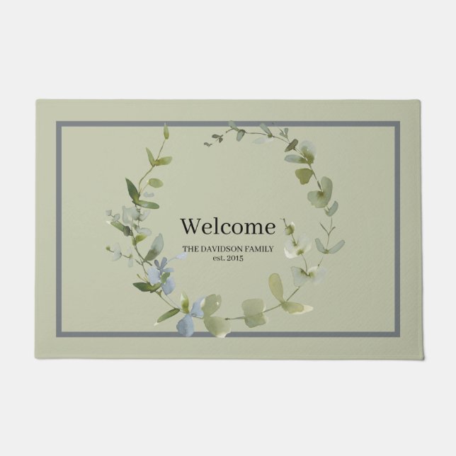 Elegant Greenery Wreath Family Welcome Doormat (Front)