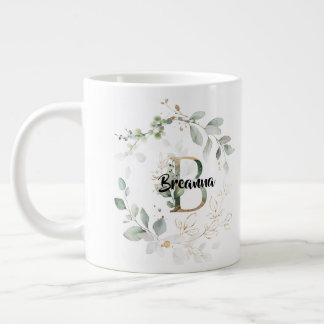 Elegant Greenery Wreath Monogram Initial 'B' Name Large Coffee Mug