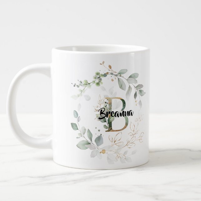 Elegant Greenery Wreath Monogram Initial 'B' Name Large Coffee Mug (Left)