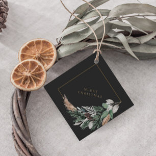 Elegant Greenery Wreath On Black Merry Christmas  Favour Tags