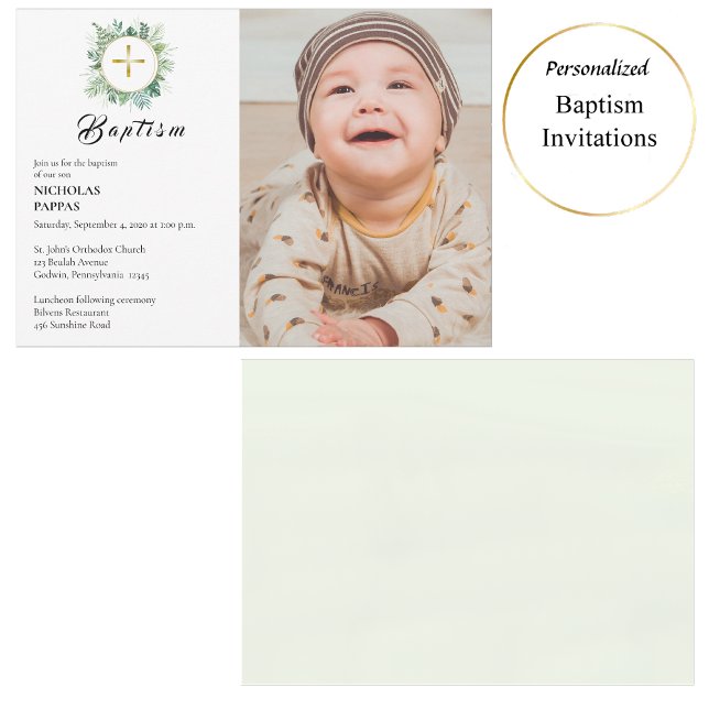 Elegant Greenery Wreath Orthodox Christian Baptism Invitation (Creator Uploaded)