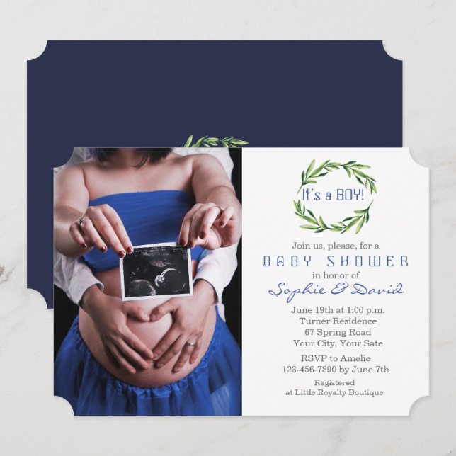 Elegant Greenery Wreath Photo Boy Baby Shower Invitation (Front/Back)