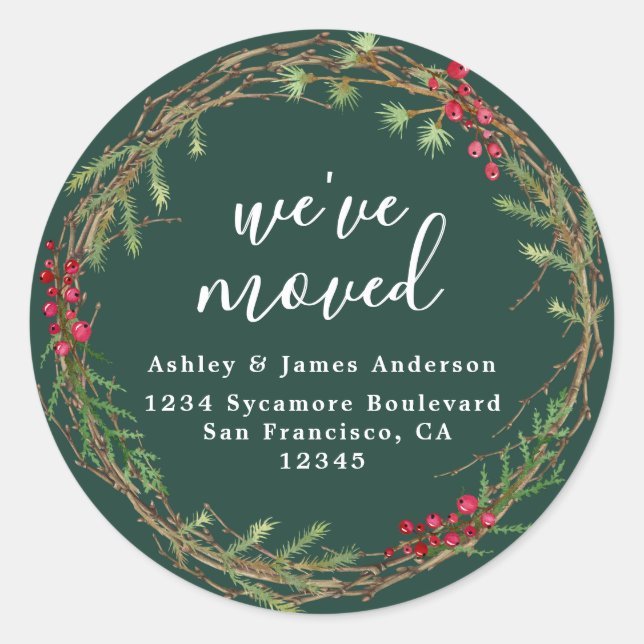 Elegant Greenery Wreath We’ve Moved Address Classic Round Sticker (Front)