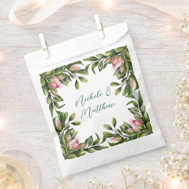 Elegant Greenery Wreath With Pink Rose Bud Wedding Favour Bags (Clipped)