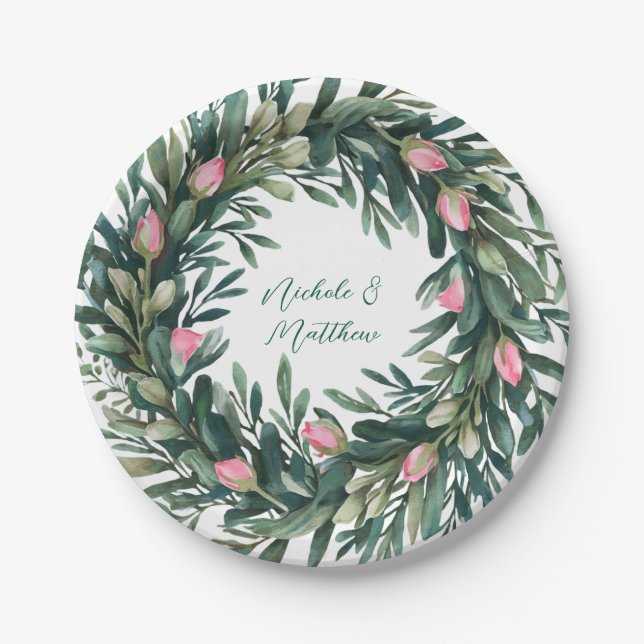 Elegant Greenery Wreath With Pink Rose Bud Wedding Paper Plate (Front)