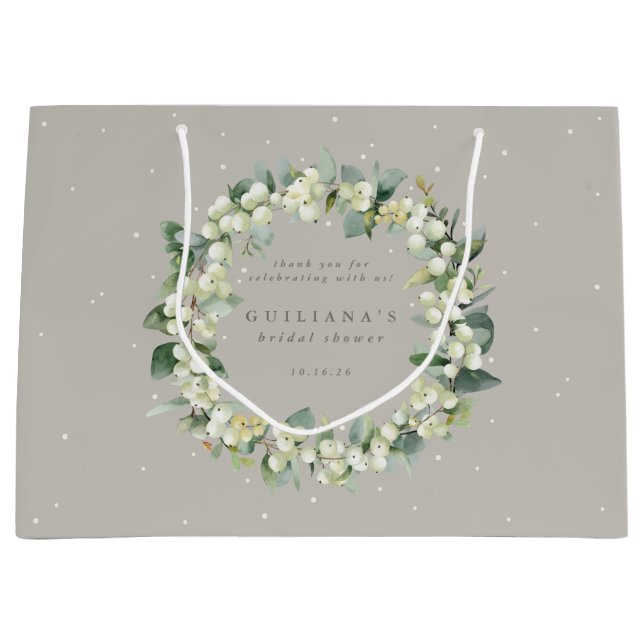 Elegant Greige Snowberry+Eucalyptus Bridal Shower Large Gift Bag (Front)