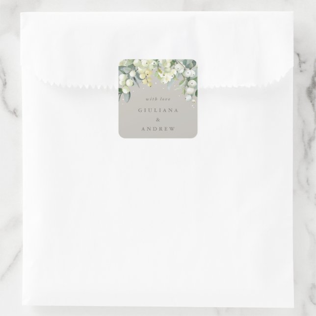 Elegant Greige Snowberry+Eucalyptus Wedding Square Sticker (Bag)
