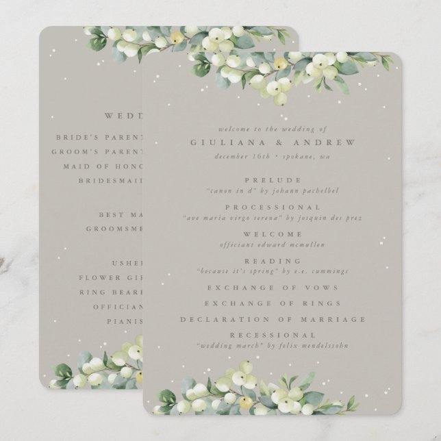 Elegant Greige Snowberry+Eucalyptus Winter Wedding Programme (Front/Back)