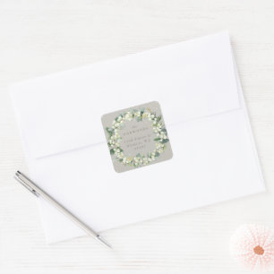 Elegant Greige Snowberry+Eucalyptus Wreath Address Square Sticker