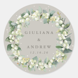 Elegant Greige Snowberry+Eucalyptus Wreath Wedding Classic Round Sticker