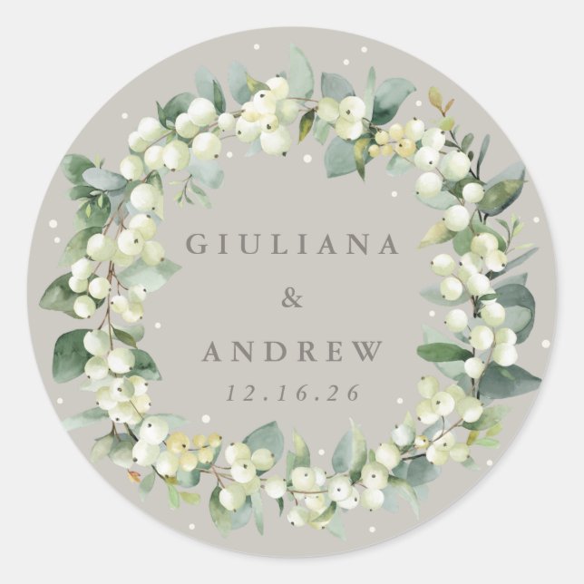Elegant Greige Snowberry+Eucalyptus Wreath Wedding Classic Round Sticker (Front)