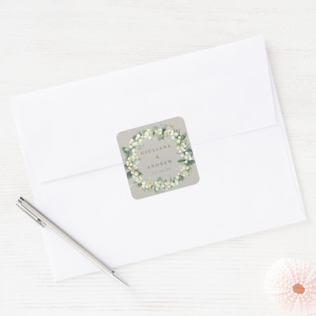 Elegant Greige Snowberry+Eucalyptus Wreath Wedding Square Sticker (Envelope)