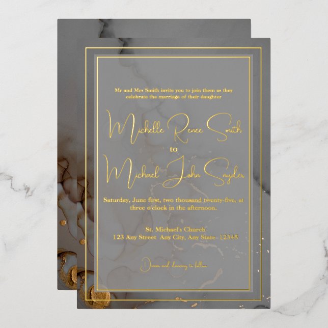 Elegant Grey Alcohol Ink Wedding Gold (Front/Back)