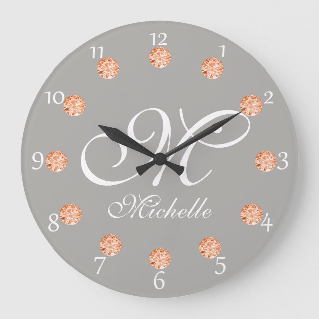 Elegant Grey & Amber Faux Gems Monogram Clock (Front)
