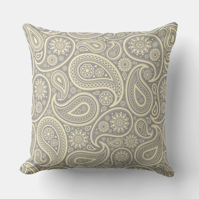 Elegant Grey And Beige Vintage Paisley Cushion (Front)