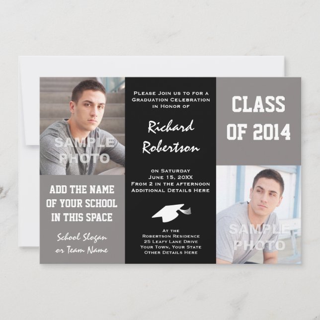 Elegant Grey and Black Young Man's Graduation 2014 Invitation (Front)