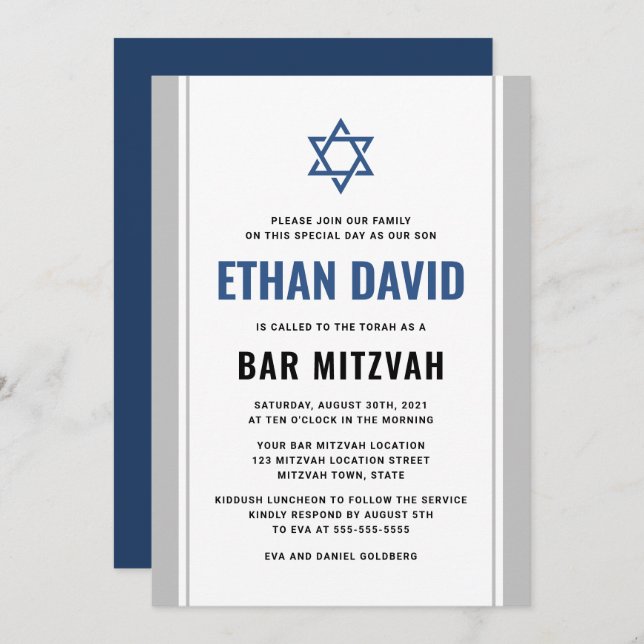 Elegant grey and blue bar mitzvah invitation (Front/Back)