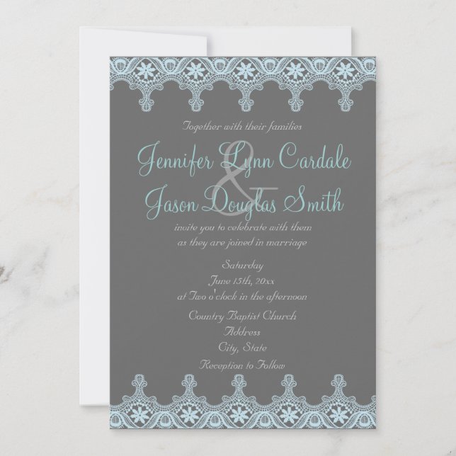 Elegant Grey and Blue Lace Wedding Invitations (Front)