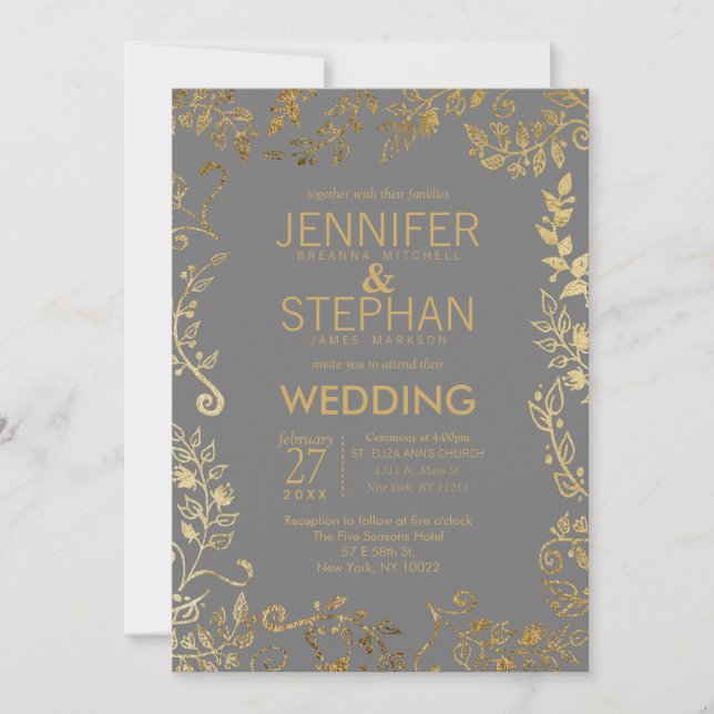 Elegant Grey and Gold Floral Wedding Invitation (Front)