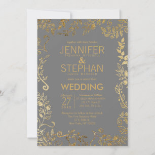 Elegant Grey and Gold Floral Wedding Invitation