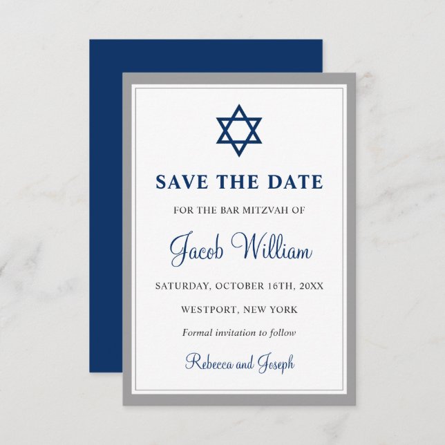 Elegant Grey and Navy Blue Bar Mitzvah 3.5" x 5" Save The Date (Front/Back)