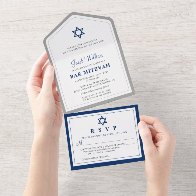 Elegant Grey and Navy Blue Bar Mitzvah All In One All In One Invitation (Tearaway)