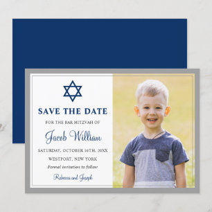 Elegant Grey and Navy Blue Bar Mitzvah Photo Save The Date