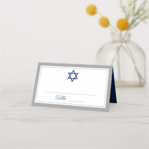 Elegant Grey and Navy Blue Bar Mitzvah Place Card