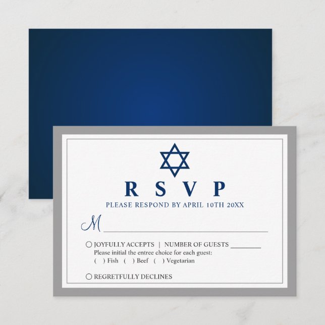 Elegant Grey and Navy Blue Bar Mitzvah RSVP Card (Front/Back)