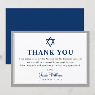 Elegant Grey and Navy Blue Bar Mitzvah Thank You Card
