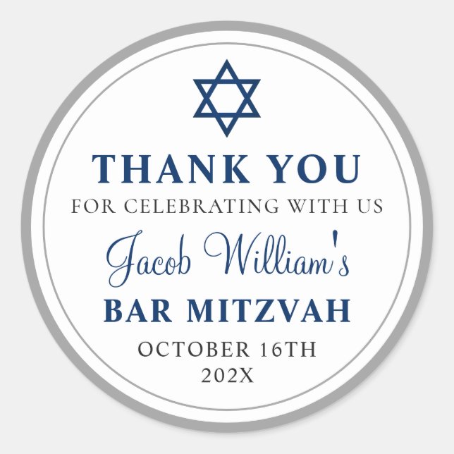 Elegant Grey and Navy Blue Bar Mitzvah Thank You Classic Round Sticker (Front)