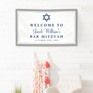 Elegant Grey and Navy Blue Bar Mitzvah Welcome Banner
