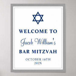 Elegant Grey and Navy Blue Bar Mitzvah Welcome  Poster