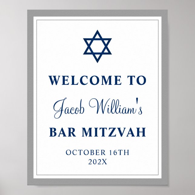 Elegant Grey and Navy Blue Bar Mitzvah Welcome  Poster (Front)