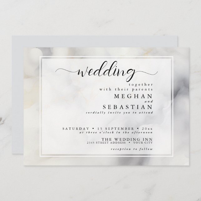 Elegant Grey and Pale Gold Soft Clouds Invitation (Front/Back)