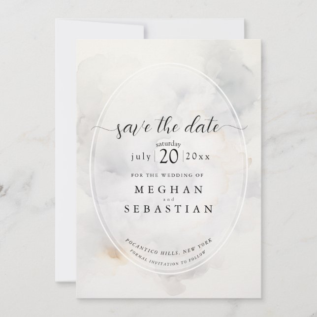 Elegant Grey and Pale Gold Soft Clouds Save The Date (Front)