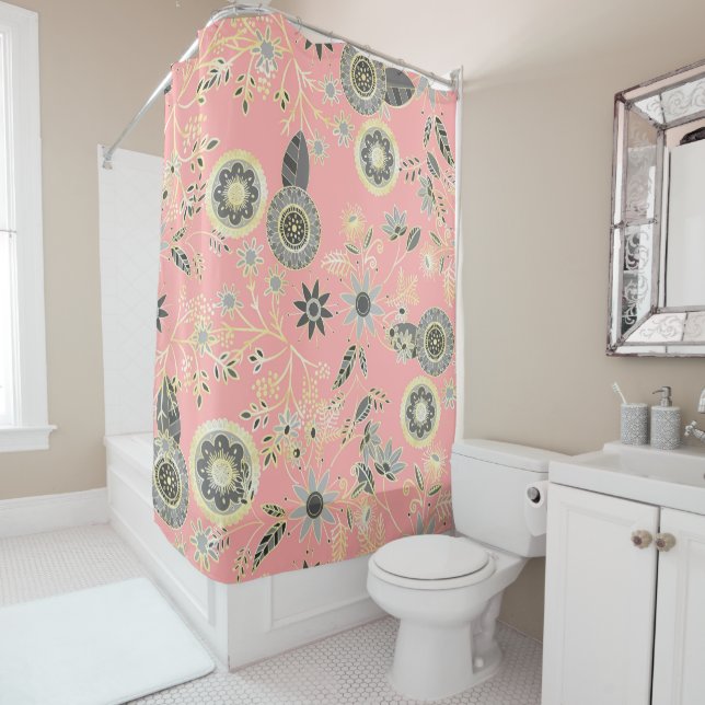 Elegant Grey and Pink Folk Floral Golden Design Shower Curtain (In Situ)