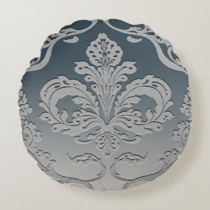 Elegant Grey and Taupe Royal Damask Round Cushion