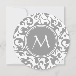 Elegant Grey and White Damask Scroll Monogram Invitation