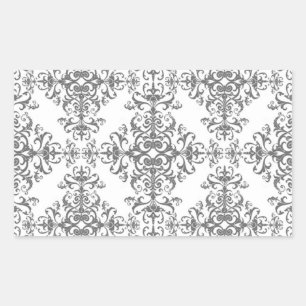 Elegant Grey and White Floral Damask Victorian Art Rectangular Sticker