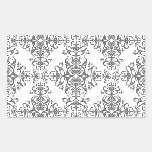 Elegant Grey and White Floral Damask Victorian Art Rectangular Sticker (Front)