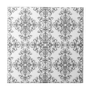 Elegant Grey and White Floral Damask Victorian Art Tile