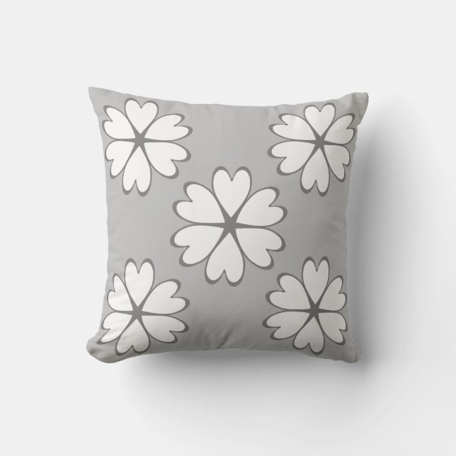 Elegant Grey and White Heart Flowers Cushion (Front)