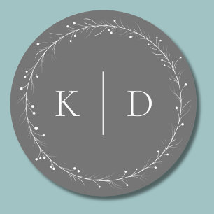 Elegant Grey and White Vine Wreath Monogram  Classic Round Sticker